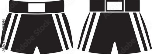 Two black athletic shorts with white stripes and logo silhouette