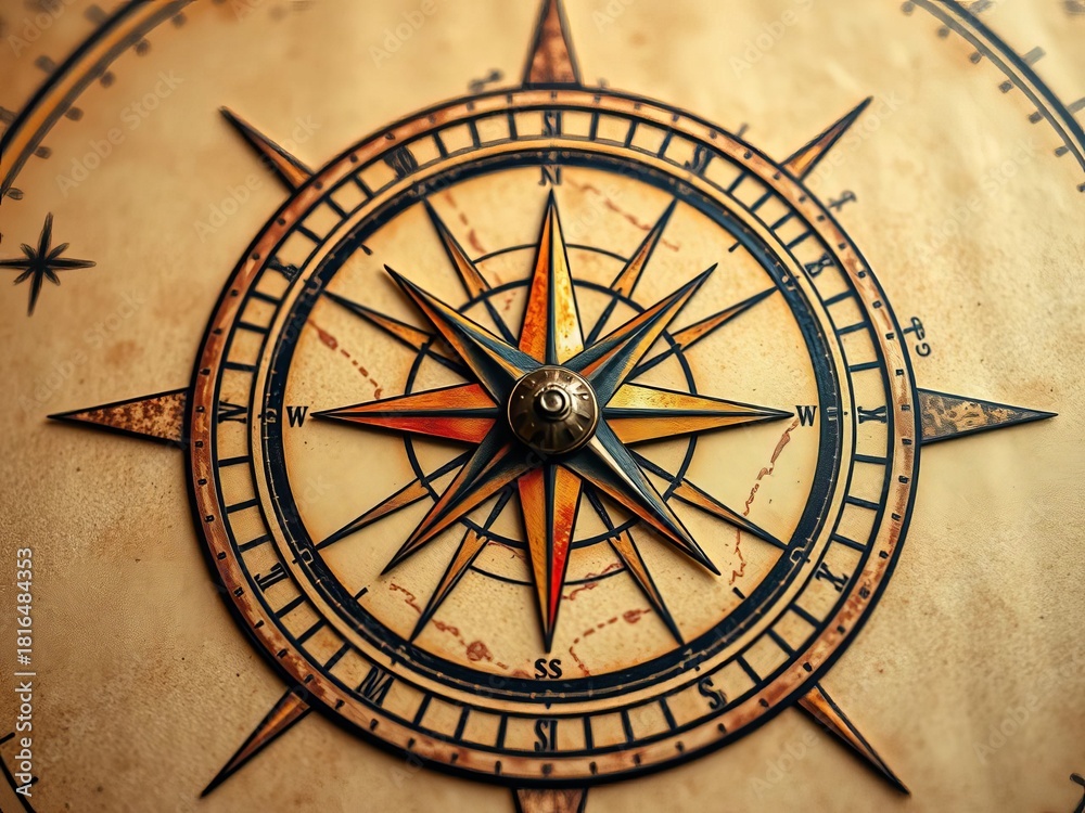 Fototapeta premium Vintage compass rose detail, sepia tones, navigational lines, adventure, antique
