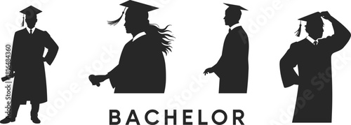 Bachelor graduation silhouette set, diverse students in cap and gown holding diplomas, celebrating academic success.