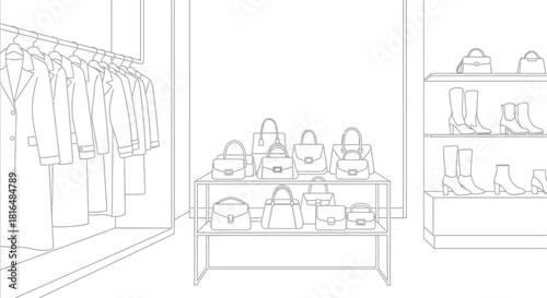 Elegant fashion boutique interior showcasing coats handbags and stylish footwear