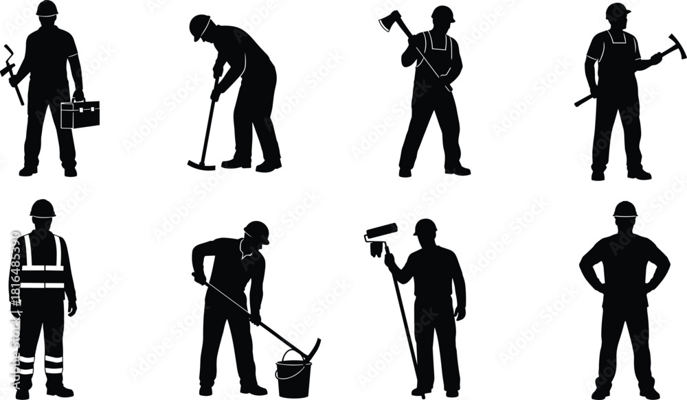 Obraz premium Manual labor and construction worker silhouette set, featuring men with hammer, axe, roller, shovel, high-visibility vest, and toolbox vector graphics for service.