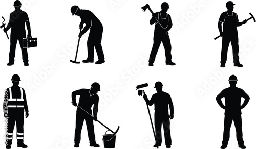 Manual labor and construction worker silhouette set, featuring men with hammer, axe, roller, shovel, high-visibility vest, and toolbox vector graphics for service.