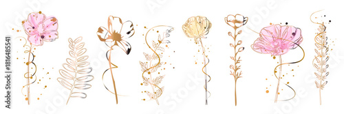 Elegant floral line drawing set with detailed flowers, organic leaves and stylized botanical elements arranged in a refined minimal nature composition.