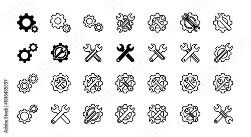 A collection of versatile gear and wrench icons representing settings, mechanics, and engineering solutions for digital and print projects