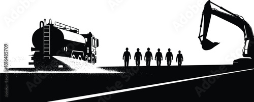 Road construction site silhouette, showing excavator, asphalt tank truck spraying liquid, and workers walking in a line vector graphic illustration for infrastructure.