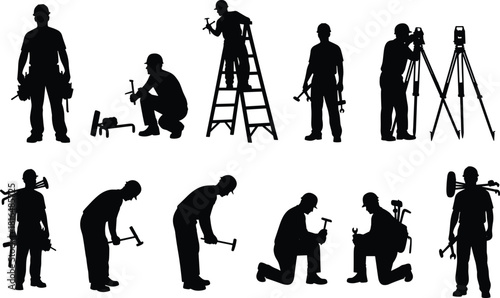 Skilled construction worker and surveyor silhouette set, featuring men with hammer, ladder, level, tools, and total station equipment in various job action vectors.