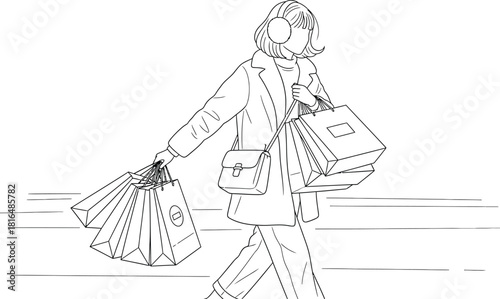 Woman in winter earmuffs walking with shopping bags in a minimalist line drawing