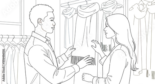 Man and woman shopping for scarves in a boutique retail clothing store setting