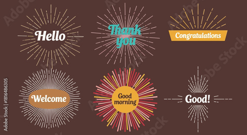 Set of radiant burst text elements with inspirational greetings and positive affirmations