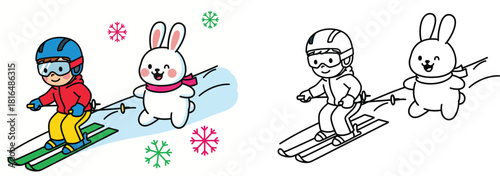 Cute boy skiing with rabbit friend in winter snow vector illustration set with colorful and black and white outline for coloring book page.
