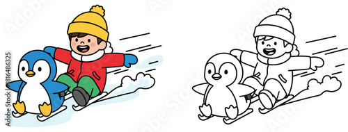 Cute boy skiing with penguin friend in winter snow vector illustration set with colorful and black and white outline for coloring book page.