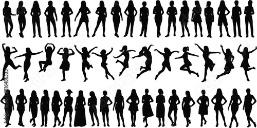Large woman silhouette collection, diverse women standing, jumping, and posing in various modern and casual styles.