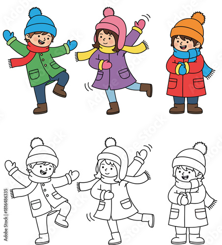 Cute cartoon kids wearing winter clothes vector illustration set with colorful and black and white outline for coloring book page.