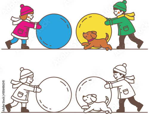 Cute children and dog rolling big snowballs in winter vector illustration set with colorful and black and white outline for coloring book page.