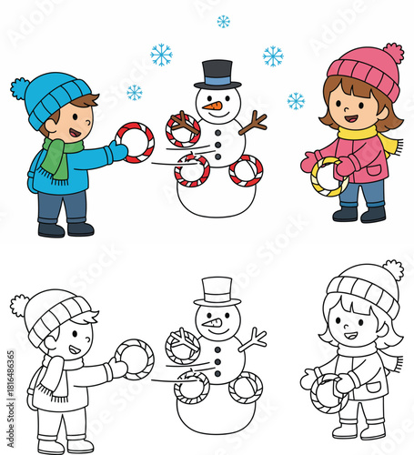 Cute children playing ring toss game with snowman in winter vector illustration set with colorful and black and white outline for coloring book page.