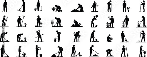 Large set of gardener silhouettes, farming men planting, digging, and working with agriculture tools in various poses.