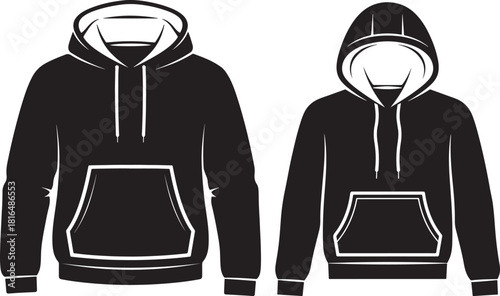 Two black hoodies displayed side by side silhouette