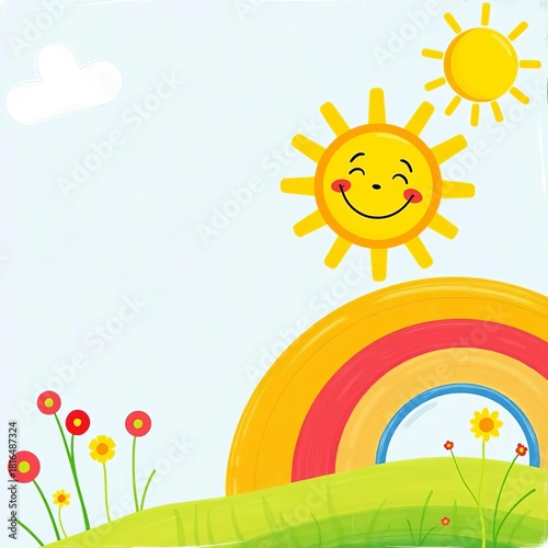 Whimsical preschool banner with a rainbow and smiling sun, symbolizing joy and learning, smiling, colorful