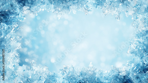 青い氷の結晶と霜のフレーム、凍ったガラスのような質感の冬の背景素材