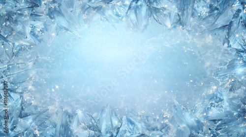 青い氷の結晶と霜のフレーム、凍ったガラスのような質感の冬の背景素材