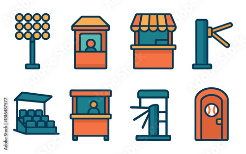 Colorful icons of ticket booths, turnstiles, and stands on dark background