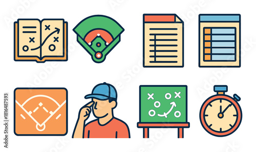 Baseball strategy icon set with field, player, and timer elements
