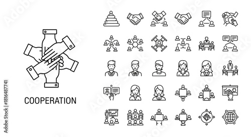 Icons representing cooperation, teamwork, partnership, and collaboration within a professional setting