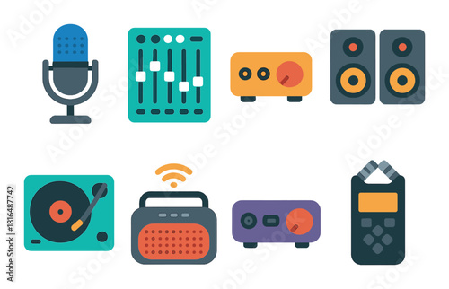 Colorful audio equipment icon set with microphone and speakers