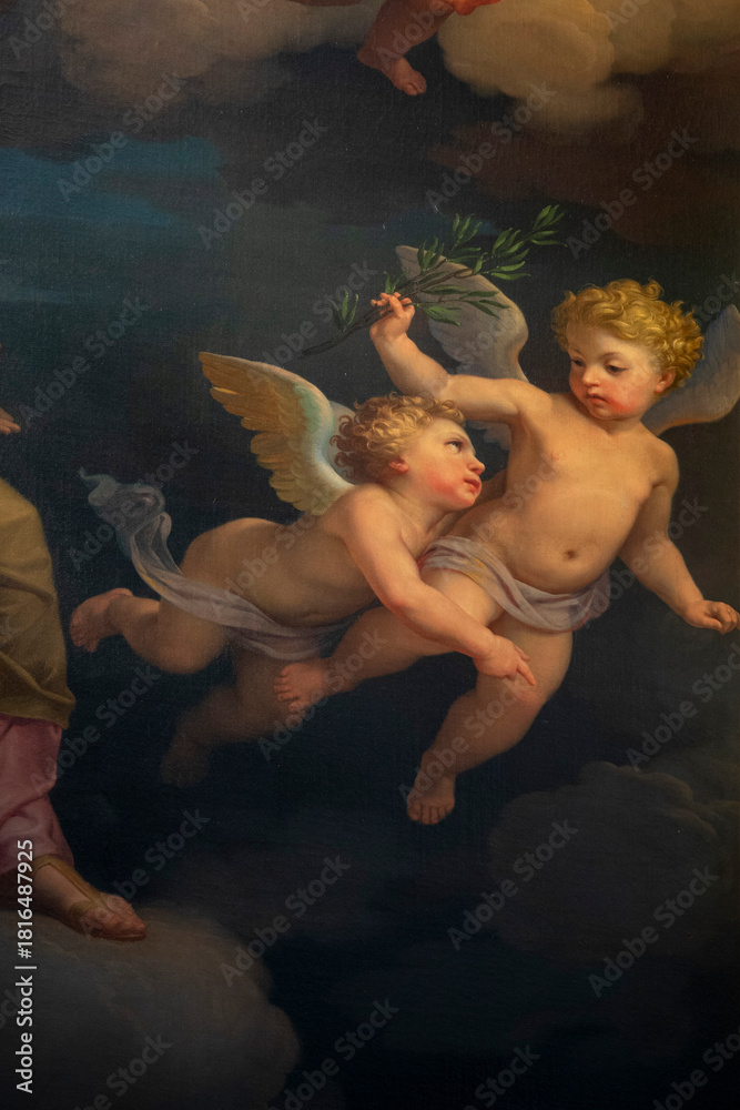 Fototapeta premium Painting (19th century) of cherubs in the sky.