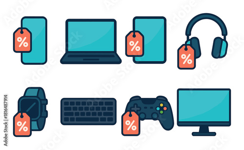 Electronic devices with discount tags - smartphone, laptop, headphones, smartwatch, controller