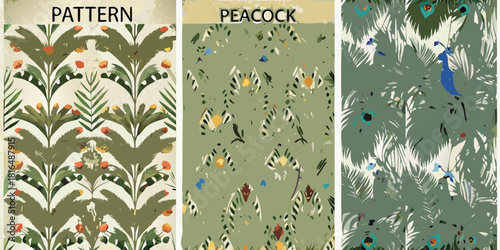 Three unique vintage style patterns with botanical and peacock designs