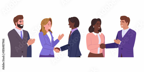 Diverse business professionals shaking hands and applauding success in the workplace
