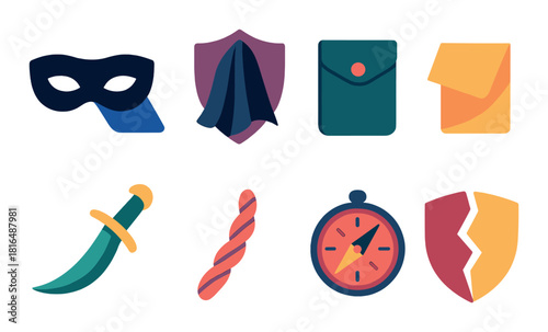 Collection of vibrant icon designs featuring masks, tools, and shields
