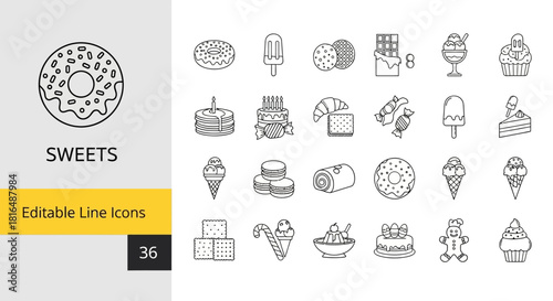 Elegant Outline Icons Set Delicious Sweets and Desserts for UI Design