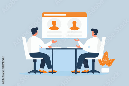 Two businessmen discussing online profiles at a table flat vector illustration