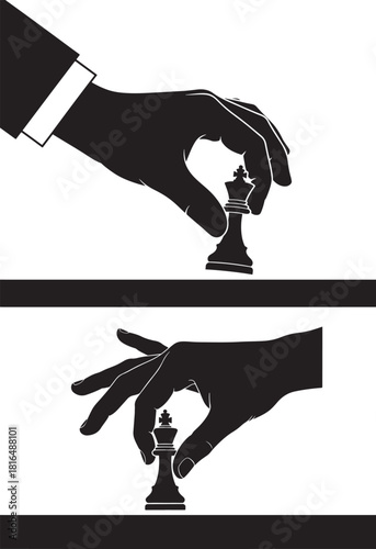 Two hands in silhouette moving chess king pieces across a board
