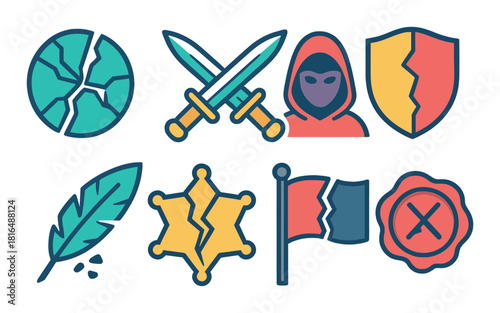 Broken earth and icon set with swords, shield, hooded figure, feather, badge, flag, seal