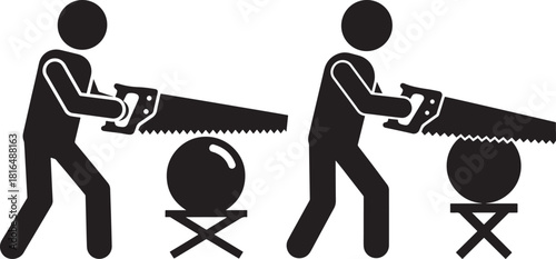Two figures in silhouette sawing an egg on a stand silhouette