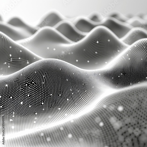 A monochrome abstract landscape composed of countless tiny dots forming undulating waves and peaks, with scattered bright particles creating a sense of depth an