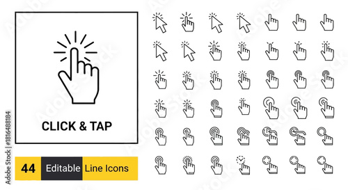 Collection of click and tap line icons, editable vector graphics for digital interfaces and user experience design
