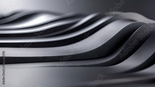 A close-up, abstract view of flowing, wavy metallic surfaces. The image features alternating dark and light gray or silver-toned bands that curve and undulate,