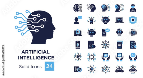 Collection of AI and Technology Solid Icons, Vector Graphics for Digital Innovation