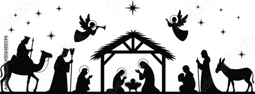 Nativity scene silhouette set, Christmas celebration, with Magi, angels, Mary, Joseph, and baby Jesus.