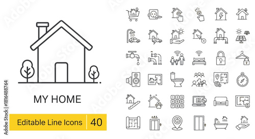Versatile set of thin line vector icons depicting smart home devices, security measures, and essential residential elements for modern living