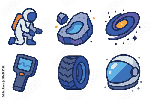 Cartoon space exploration icons featuring astronaut, helmet, asteroid, galaxy, thermometer, wheel