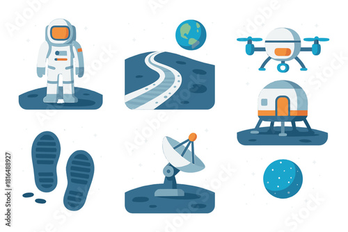 Space exploration symbols: astronaut, lunar rover, satellite, and more in vector style
