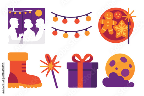 Festive holiday icons with boot, gift, gingerbread, lights, and moon