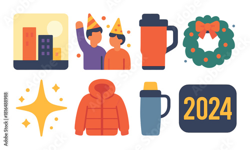 New year's celebration 2024: festive icons with party hats and winter elements