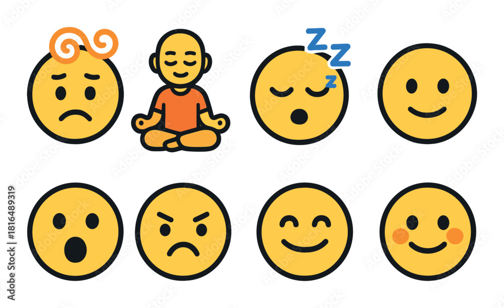 Fototapeta premium Variety of emoticon faces displaying different emotions including meditative mood
