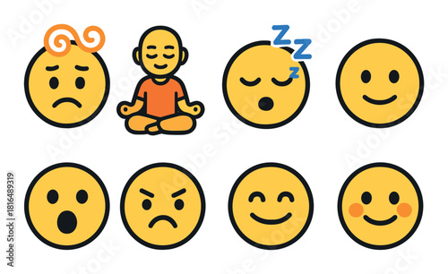 Variety of emoticon faces displaying different emotions including meditative mood
